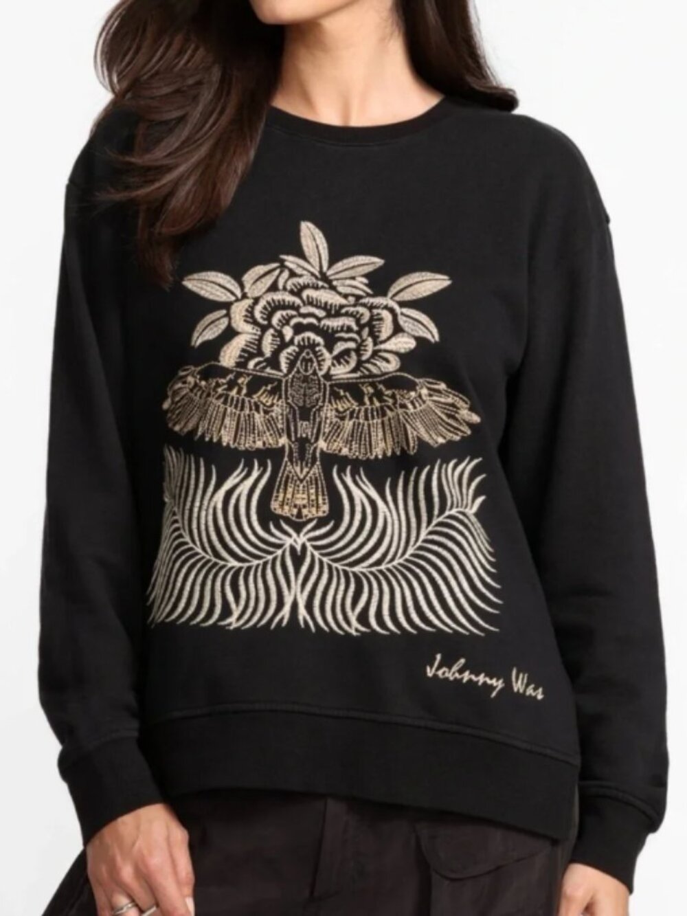 New sz L Johnny Was Black Pajaro embroidered Cotton sweatshirt